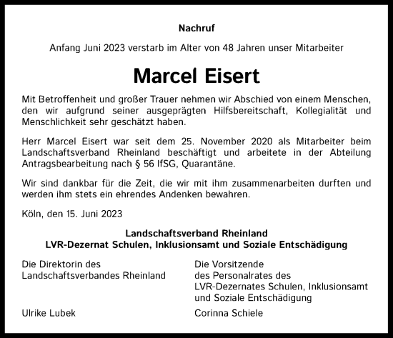 Anzeige von Marcel Eisert von Kölner Stadt-Anzeiger / Kölnische Rundschau / Express