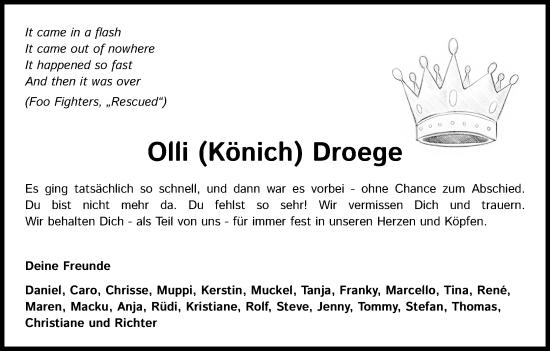 Anzeige von Olli Droege von Kölner Stadt-Anzeiger / Kölnische Rundschau / Express
