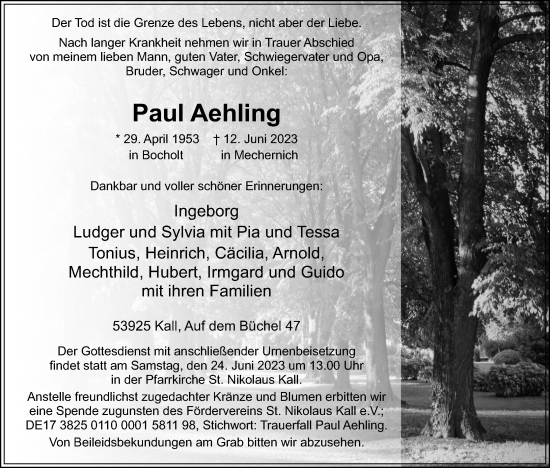 Anzeige von Paul Aehling von Kölner Stadt-Anzeiger / Kölnische Rundschau / Express