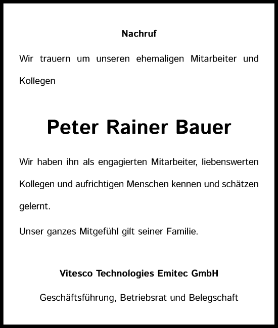 Anzeige von Peter Rainer Bauer von Kölner Stadt-Anzeiger / Kölnische Rundschau / Express