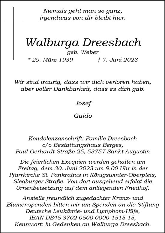 Anzeige von Walburga Dreesbach von  Extra Blatt 