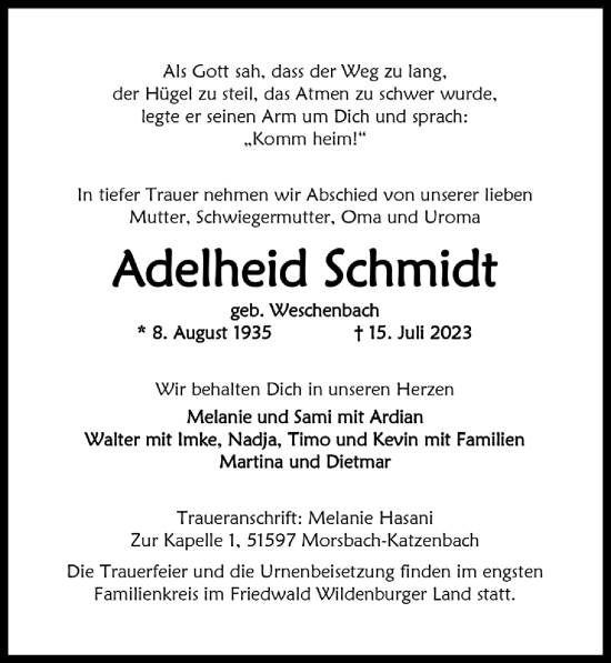 Anzeige von Adelheid Schmidt von  Lokalanzeiger 