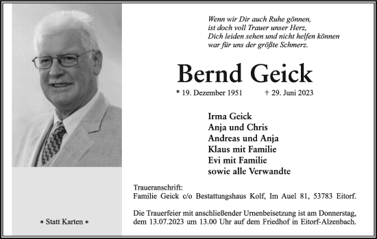 Anzeige von Bernd Geick von Kölner Stadt-Anzeiger / Kölnische Rundschau / Express