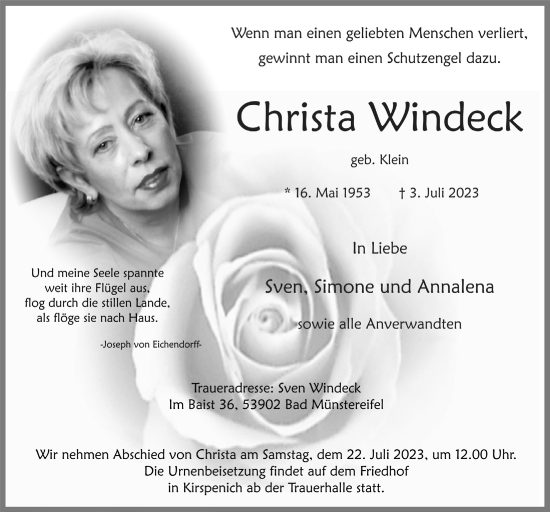 Anzeige von Christa Windeck von  Blickpunkt Euskirchen 