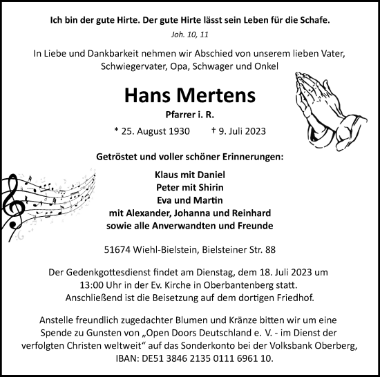 Anzeige von Hans Mertens von Kölner Stadt-Anzeiger / Kölnische Rundschau / Express