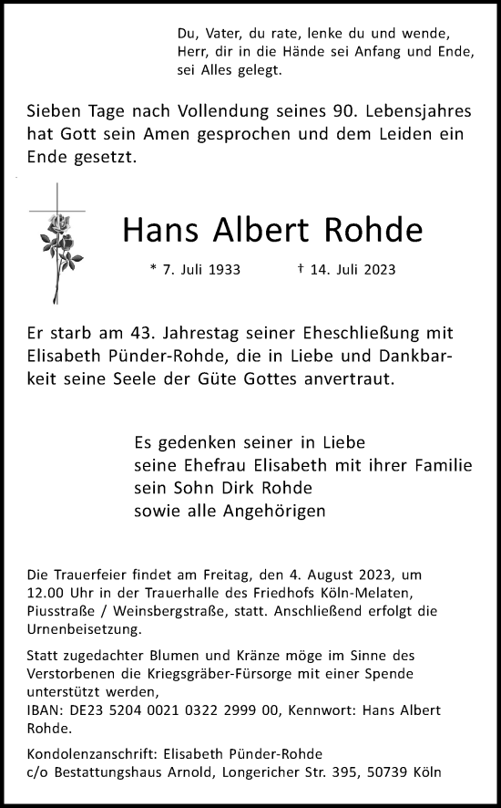 Anzeige von Hans Albert Rohde von Kölner Stadt-Anzeiger / Kölnische Rundschau / Express