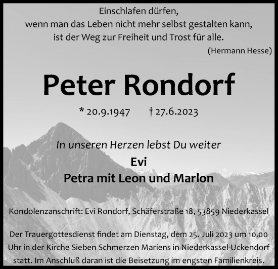 Anzeige von Peter Rondorf von Kölner Stadt-Anzeiger / Kölnische Rundschau / Express