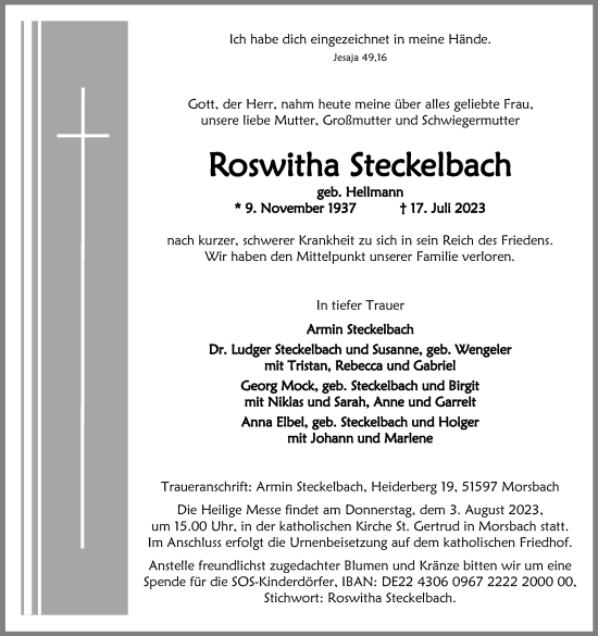 Anzeige von Roswitha Steckelbach von Kölner Stadt-Anzeiger / Kölnische Rundschau / Express