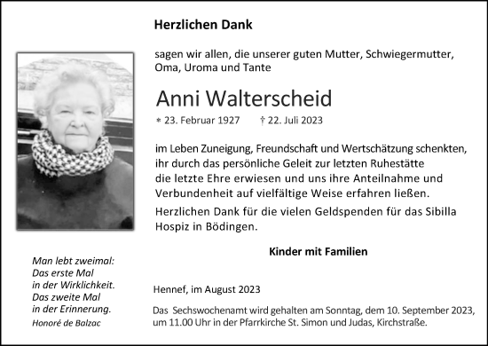 Anzeige von Anni Walterscheid von Kölner Stadt-Anzeiger / Kölnische Rundschau / Express