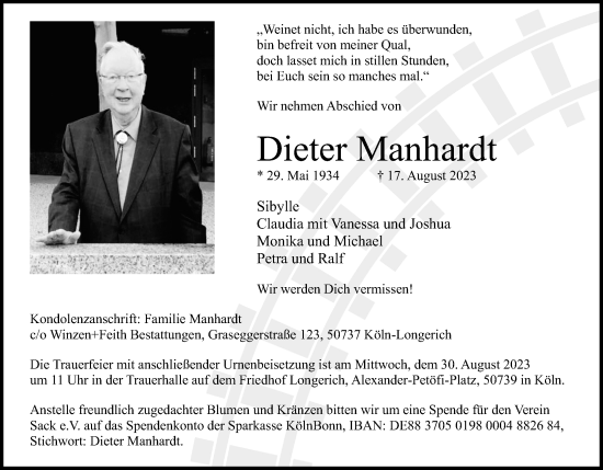 Anzeige von Dieter Manhardt von Kölner Stadt-Anzeiger / Kölnische Rundschau / Express