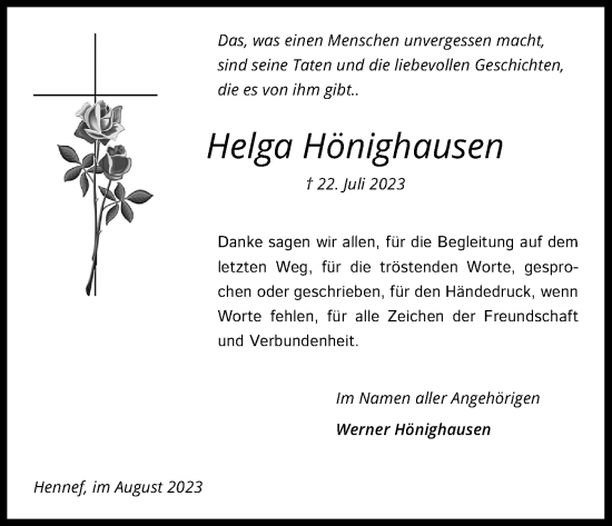 Anzeige von Helga Hönighausen von Kölner Stadt-Anzeiger / Kölnische Rundschau / Express