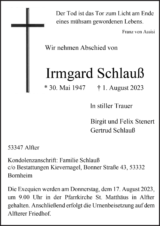 Anzeige von Irmgard Schlauß von  Schaufenster/Blickpunkt 