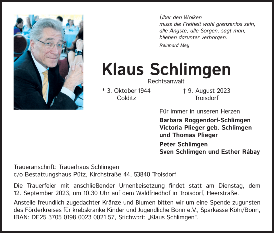 Anzeige von Klaus Schlimgen von Kölner Stadt-Anzeiger / Kölnische Rundschau / Express