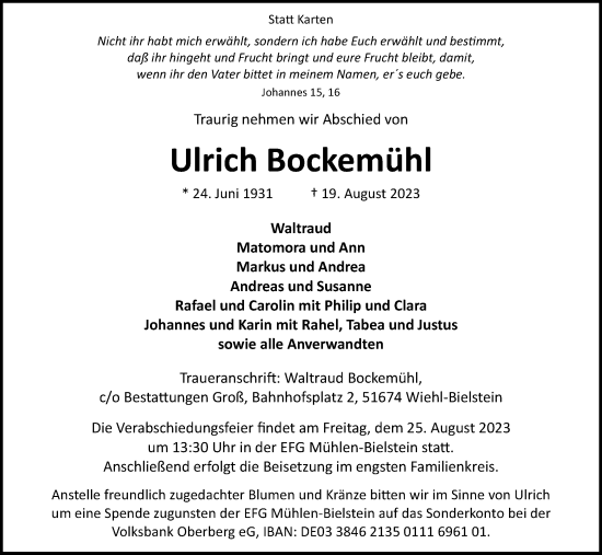 Anzeige von Ulrich Bockemühl von Kölner Stadt-Anzeiger / Kölnische Rundschau / Express