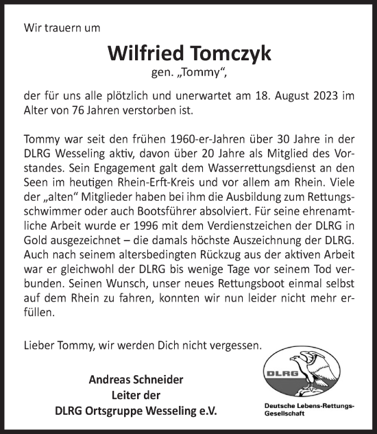 Anzeige von Wilfried Tomczyk von  Schlossbote/Werbekurier 