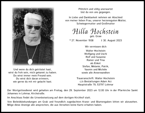 Anzeige von Hilla Hochstein von Kölner Stadt-Anzeiger / Kölnische Rundschau / Express