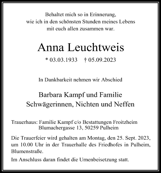 Anzeige von Anna Leuchtweis von Kölner Stadt-Anzeiger / Kölnische Rundschau / Express