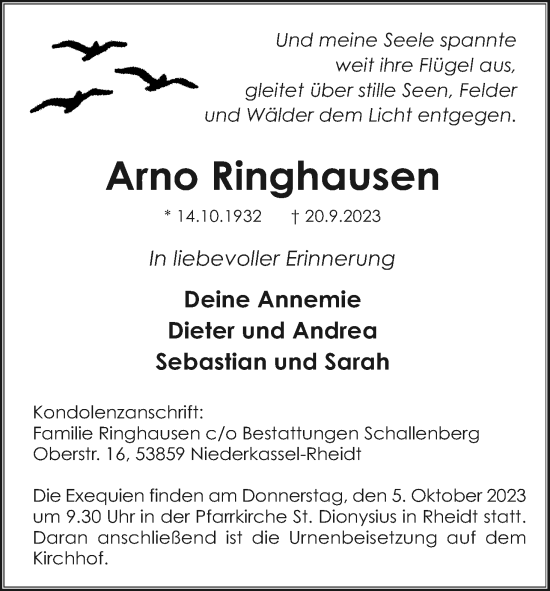 Anzeige von Arno Ringhausen von Kölner Stadt-Anzeiger / Kölnische Rundschau / Express
