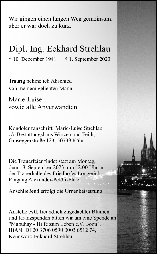 Anzeige von Eckhard Strehlau von Kölner Stadt-Anzeiger / Kölnische Rundschau / Express
