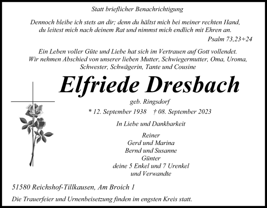 Anzeige von Elfriede Dresbach von Kölner Stadt-Anzeiger / Kölnische Rundschau / Express
