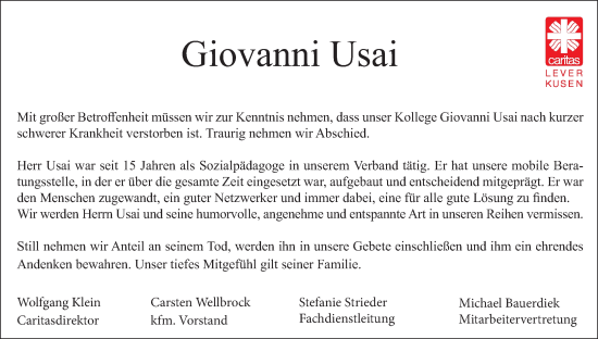 Anzeige von Giovanni Usai von Kölner Stadt-Anzeiger / Kölnische Rundschau / Express
