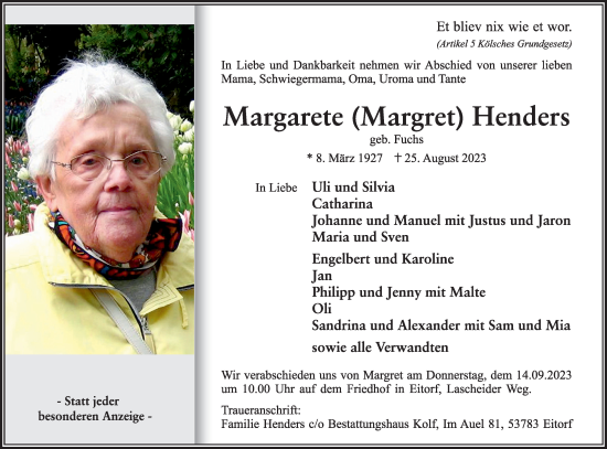 Anzeige von Margarete Henders von Kölner Stadt-Anzeiger / Kölnische Rundschau / Express