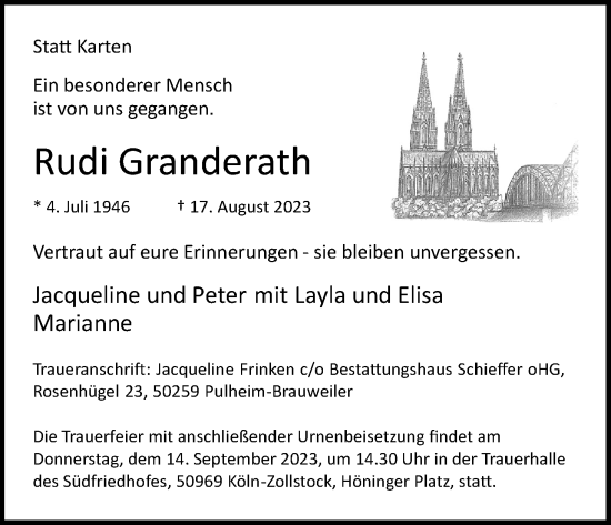 Anzeige von Rudi Granderath von Kölner Stadt-Anzeiger / Kölnische Rundschau / Express