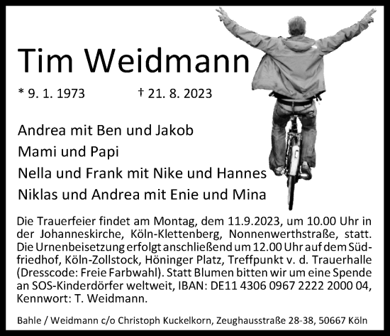 Anzeige von Tim Weidmann von Kölner Stadt-Anzeiger / Kölnische Rundschau / Express