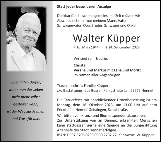 Anzeige von Walter Küpper von Kölner Stadt-Anzeiger / Kölnische Rundschau / Express
