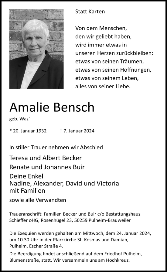 Anzeige von Amalie Bensch von  Wochenende 