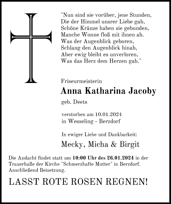 Anzeige von Anna Katharina Jacoby von Kölner Stadt-Anzeiger / Kölnische Rundschau / Express