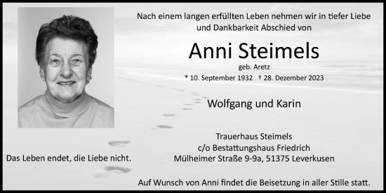 Anzeige von Anni Steimels von Kölner Stadt-Anzeiger / Kölnische Rundschau / Express