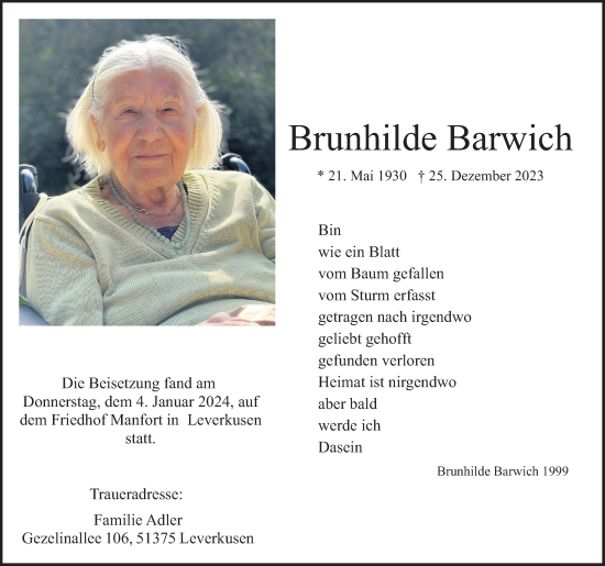 Anzeige von Brunhilde Barwich von Kölner Stadt-Anzeiger / Kölnische Rundschau / Express