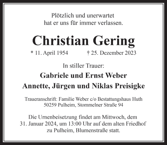 Anzeige von Christian Gering von  Wochenende 