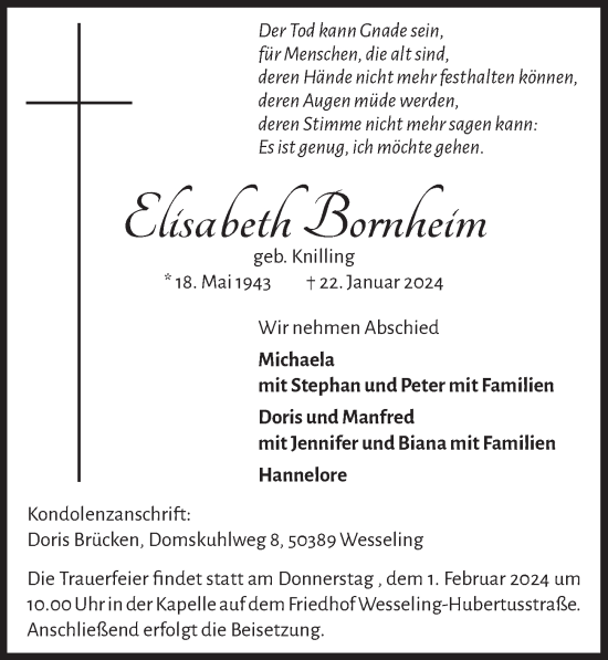 Anzeige von Elisabeth Bornheim von  Schlossbote/Werbekurier 