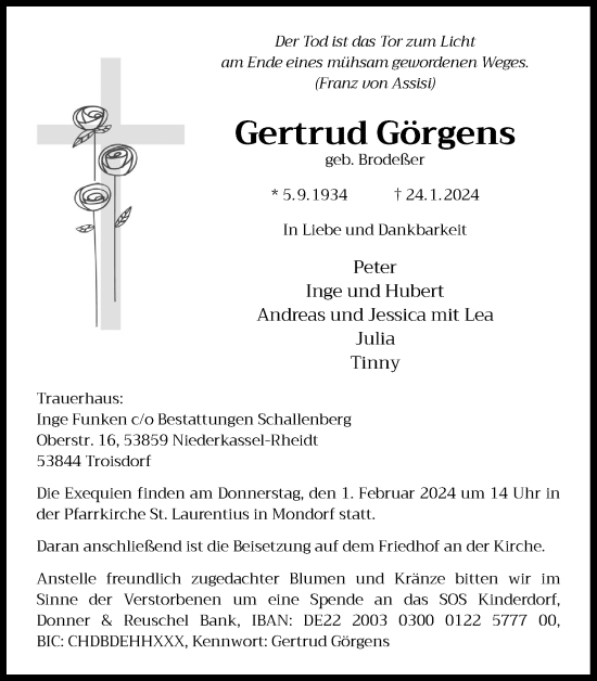 Anzeige von Gertrud Görgens von Kölner Stadt-Anzeiger / Kölnische Rundschau / Express