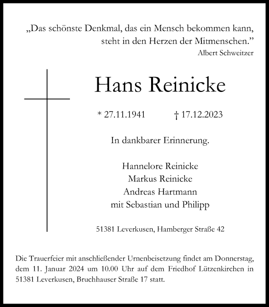 Anzeige von Hans Reinicke von Kölner Stadt-Anzeiger / Kölnische Rundschau / Express