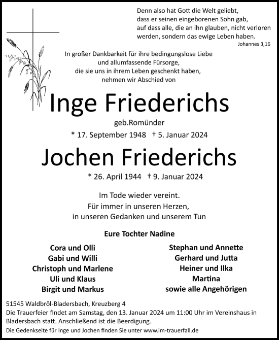 Anzeige von Inge Friederichs von  Lokalanzeiger 
