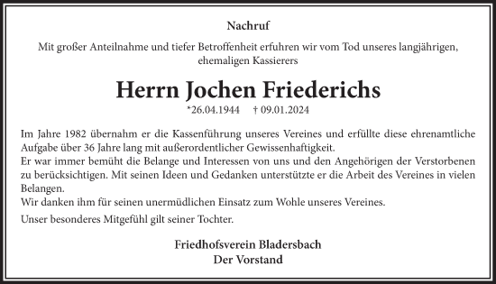 Anzeige von Jochen Friederichs von  Lokalanzeiger 
