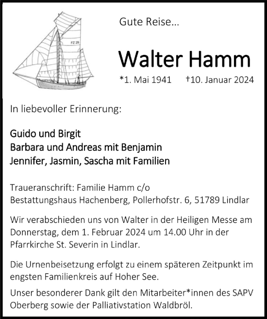 Anzeige von Walter Hamm von  Anzeigen Echo 
