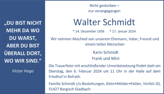 Anzeige von Walter Schmidt von  Bergisches Handelsblatt 