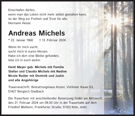Anzeige von Andreas Michels von Kölner Stadt-Anzeiger / Kölnische Rundschau / Express