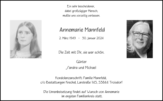 Anzeige von Annemarie Mannfeld von Kölner Stadt-Anzeiger / Kölnische Rundschau / Express