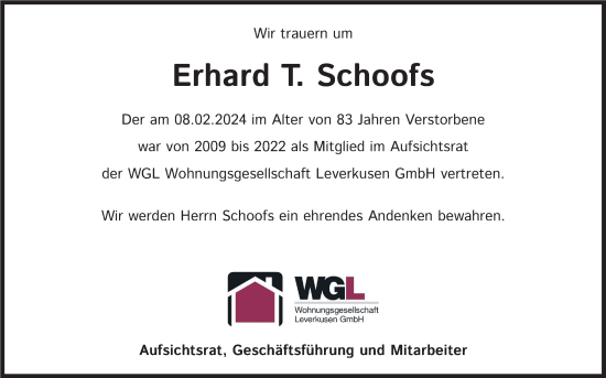 Anzeige von Erhard T. Schoofs von Kölner Stadt-Anzeiger / Kölnische Rundschau / Express
