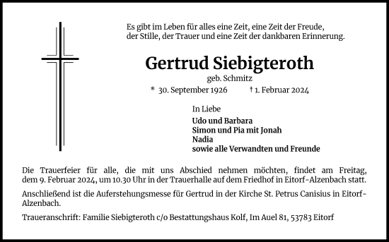 Anzeige von Gertrud Siebigteroth von Kölner Stadt-Anzeiger / Kölnische Rundschau / Express