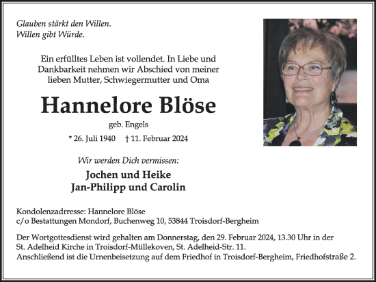 Anzeige von Hannelore Blöse von Kölner Stadt-Anzeiger / Kölnische Rundschau / Express