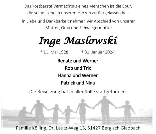 Anzeige von Inge Maslowski von Kölner Stadt-Anzeiger / Kölnische Rundschau / Express