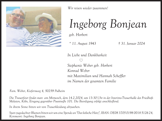 Anzeige von Ingeborg Bonjean von Kölner Stadt-Anzeiger / Kölnische Rundschau / Express