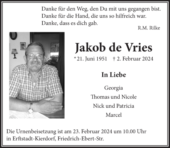Anzeige von Jakob de Vries von  Werbepost 