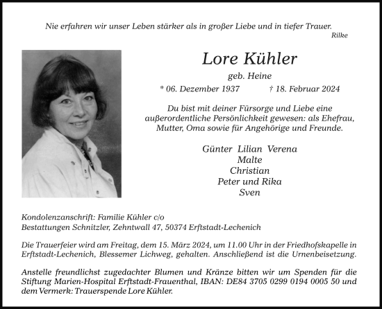 Anzeige von Lore Kühler von Kölner Stadt-Anzeiger / Kölnische Rundschau / Express